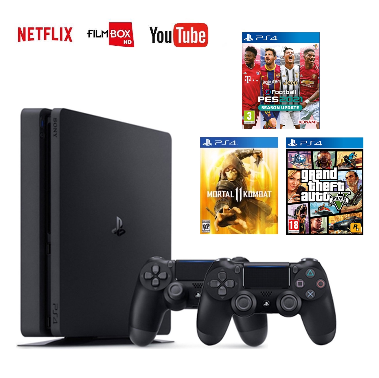 Sony Playstation 4 1TB + 2 Adet Sıfır Dualshock 4 + Pes 2021  Gta 5 Mortal kombat 11 - Teşhir ürünü